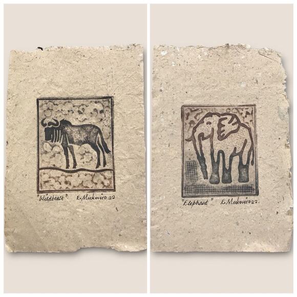 African Animal Print Etchings on Handmade Paper by Mukwiro Elephant & Wildbeast - Picture 8 of 8